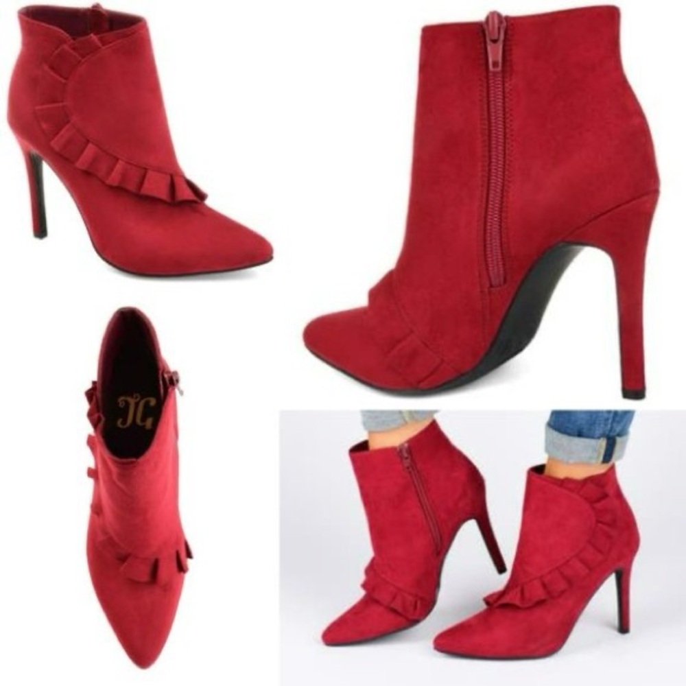 Red Ruffle Suede Ankle Boots - Women's High Heel Booties